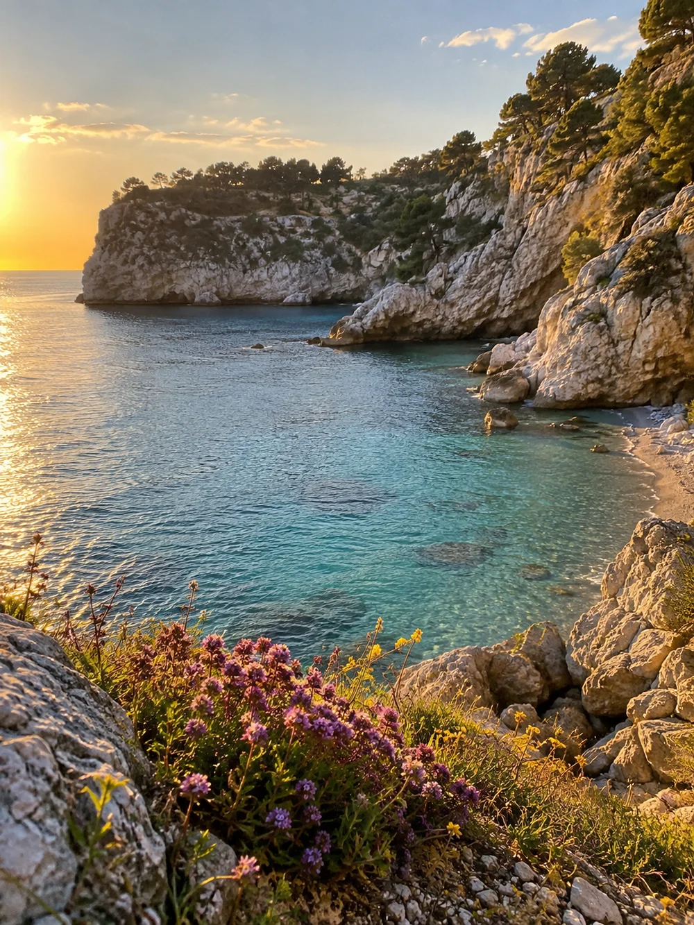 Sunlit cliffs and turquoise water on the coast.